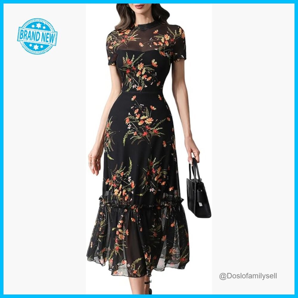 Floral Mesh Maxi Dress Boho Chic Casual Wedding Guest A-Line Ruffle Hem